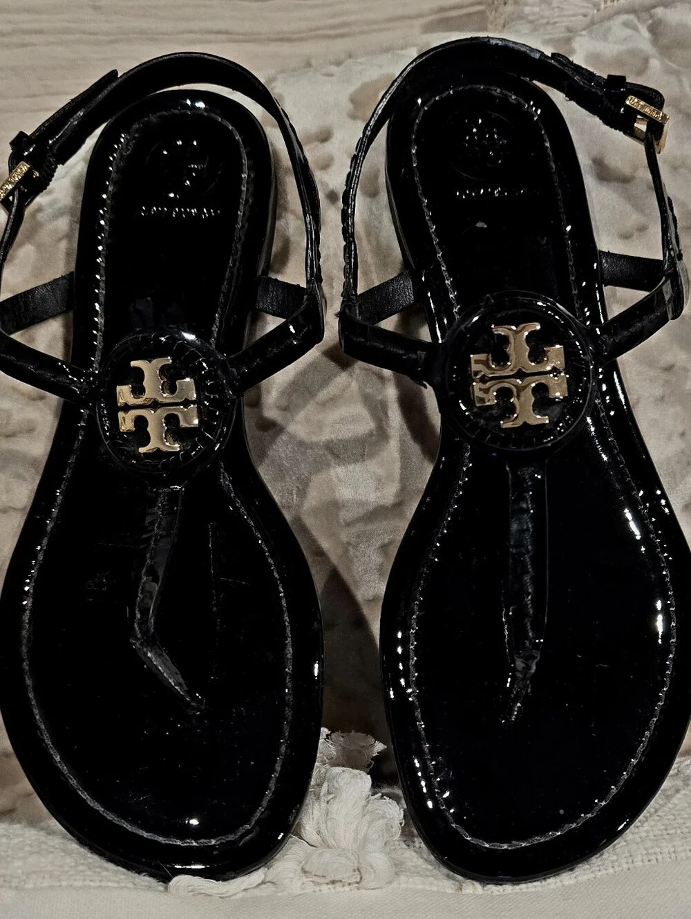 Tory Burch Black Patent Logo Thong Sandals